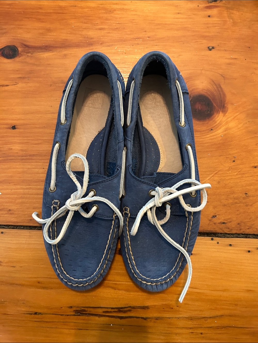 Frye Navy Leather Boat Loafers with White Laces